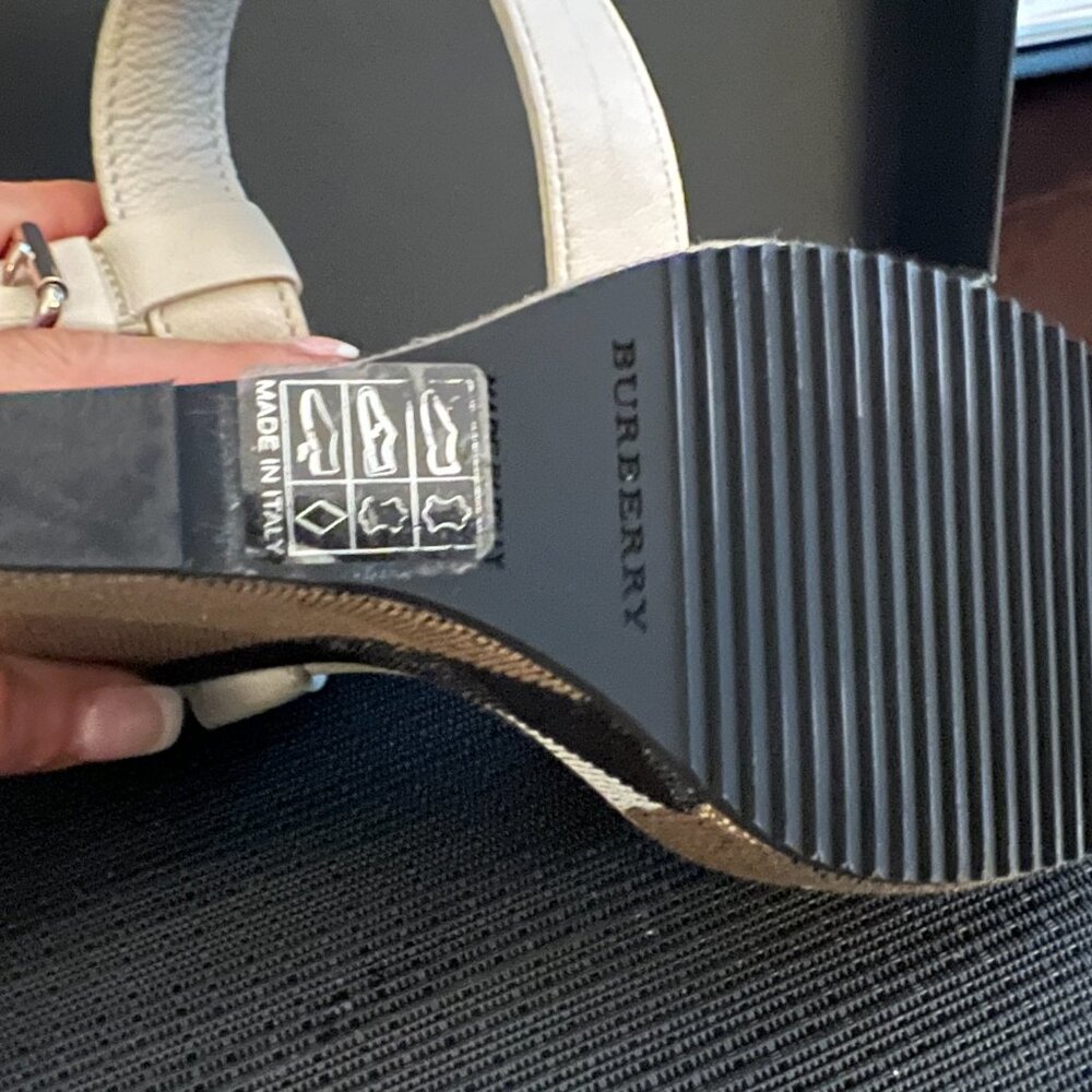 Burberry Brit Check White Leather Goldfinch Wedge Women's Sandals - Picture 13 of 15